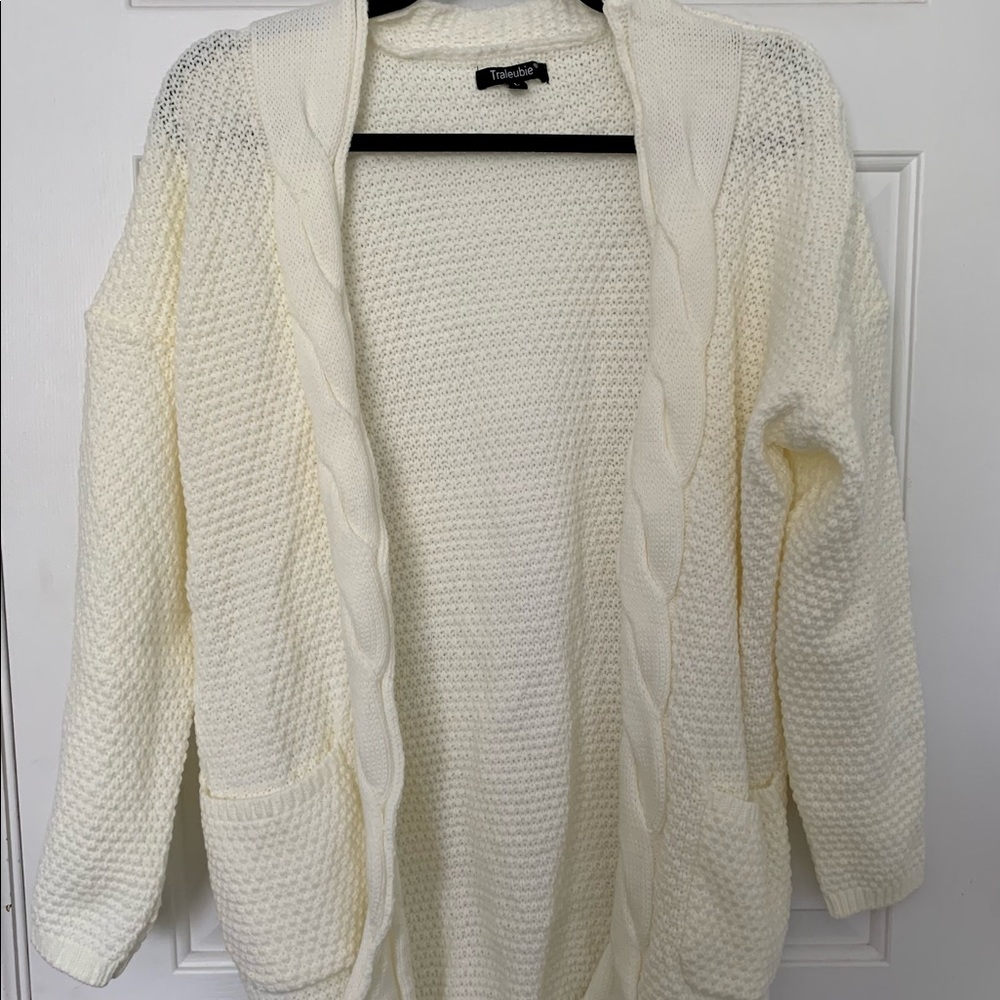 Cream knit cardigan sweater with pockets